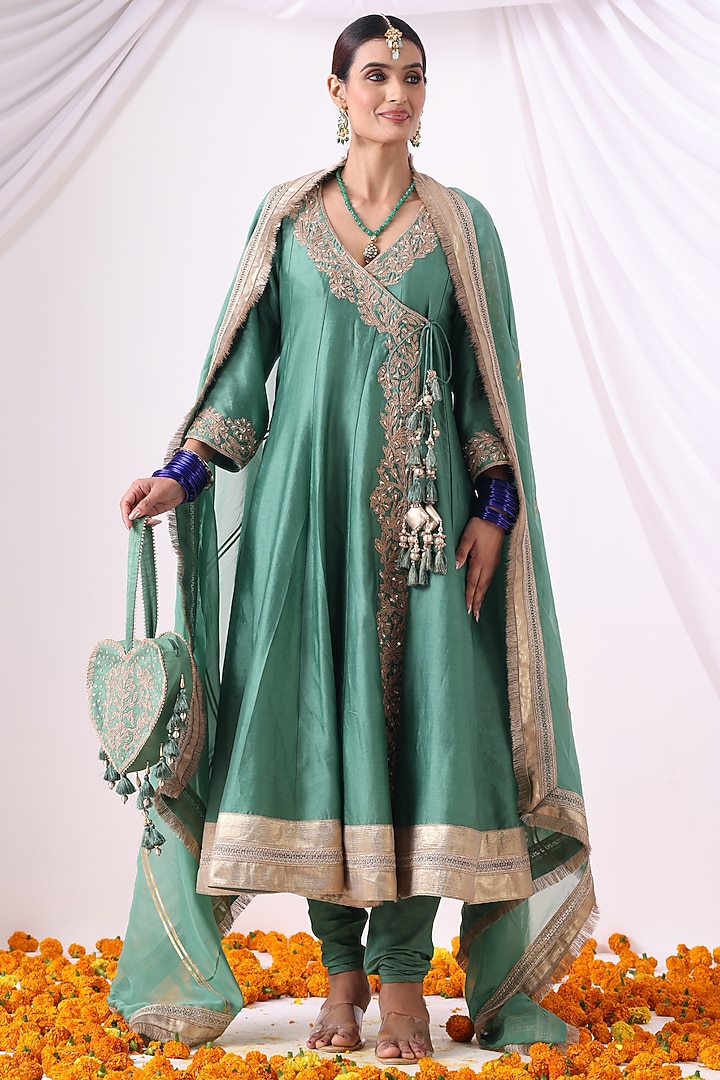 Emerald Green Banarasi Chanderi Zari Embroidered Angrakha Set by Nia By Sonia Ahuja at Pernia's Pop Up Shop