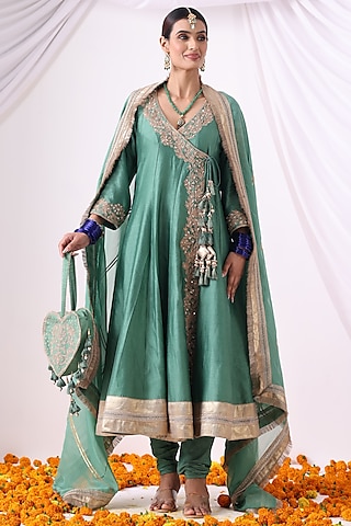 Emerald Green Banarasi Chanderi Zari Embroidered Angrakha Set by Nia By Sonia Ahuja