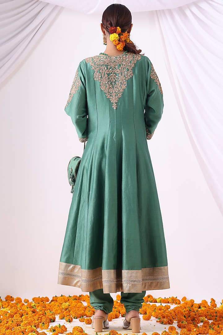 Emerald Green Banarasi Chanderi Zari Embroidered Angrakha Set by Nia By Sonia Ahuja at Pernia's Pop Up Shop