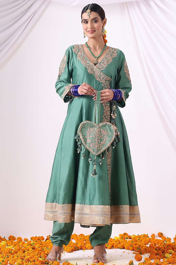 Emerald Green Banarasi Chanderi Zari Embroidered Angrakha Set by Nia By Sonia Ahuja at Pernia's Pop Up Shop