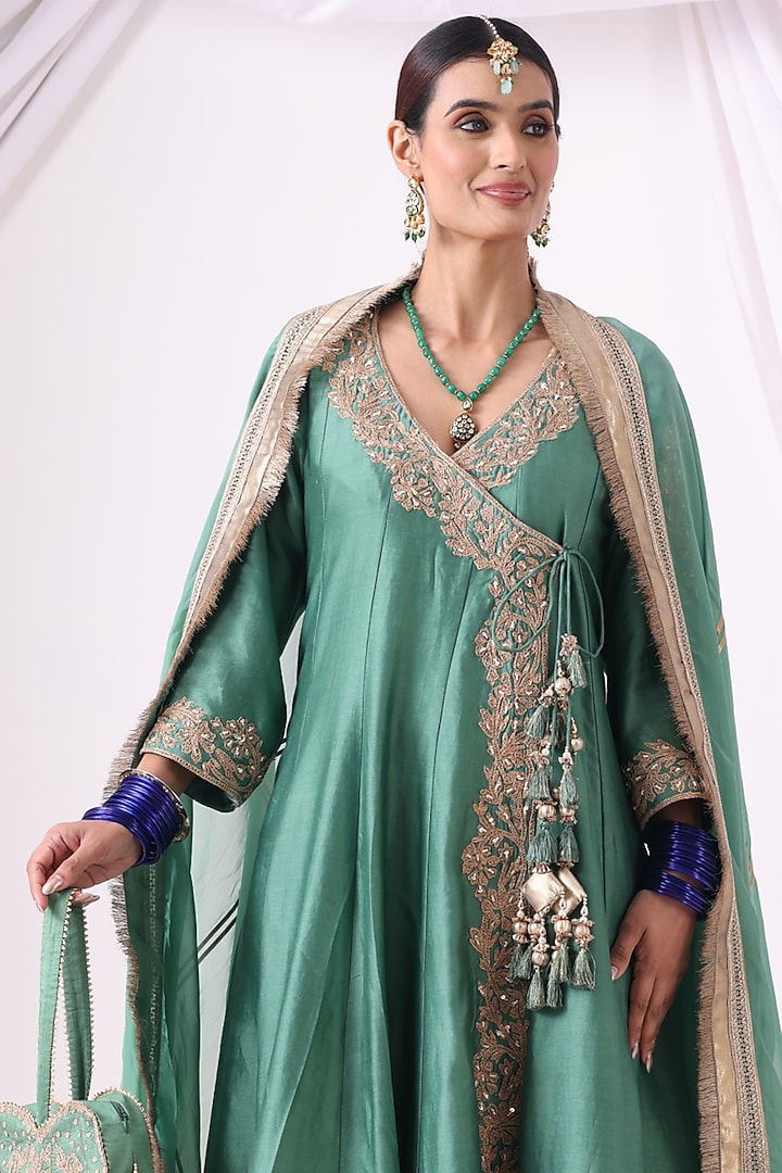 Emerald Green Banarasi Chanderi Zari Embroidered Angrakha Set by Nia By Sonia Ahuja at Pernia's Pop Up Shop