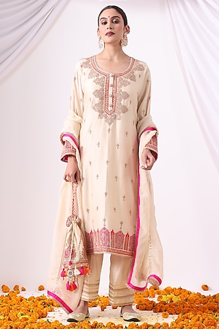 Ivory Banarasi Chanderi Zari Embroidered Kurta Set by Nia By Sonia Ahuja