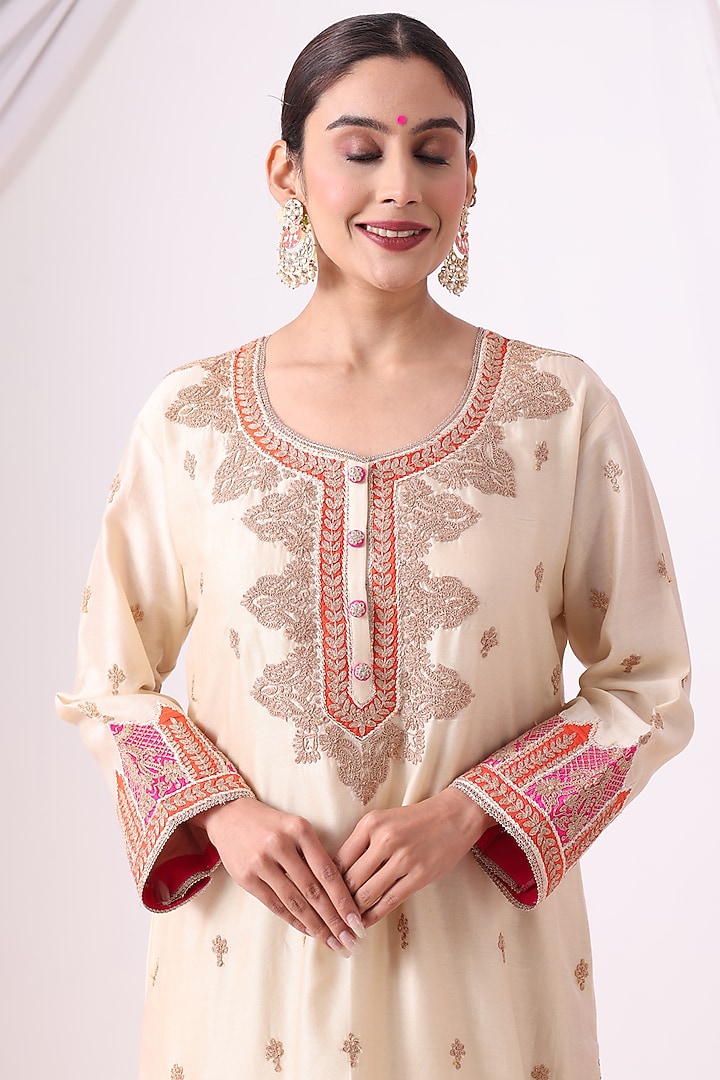 Ivory Banarasi Chanderi Zari Embroidered Kurta Set by Nia By Sonia Ahuja at Pernia's Pop Up Shop