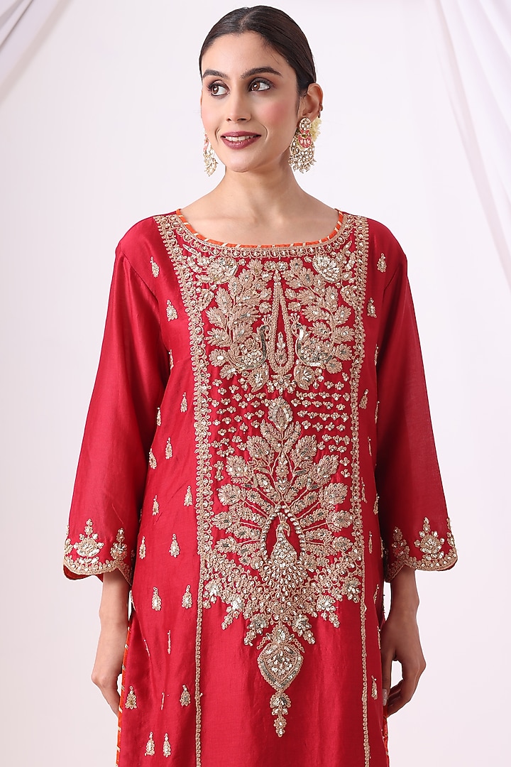Red Banarasi Chanderi Zari Embroidered Kurta Set by Nia By Sonia Ahuja at Pernia's Pop Up Shop