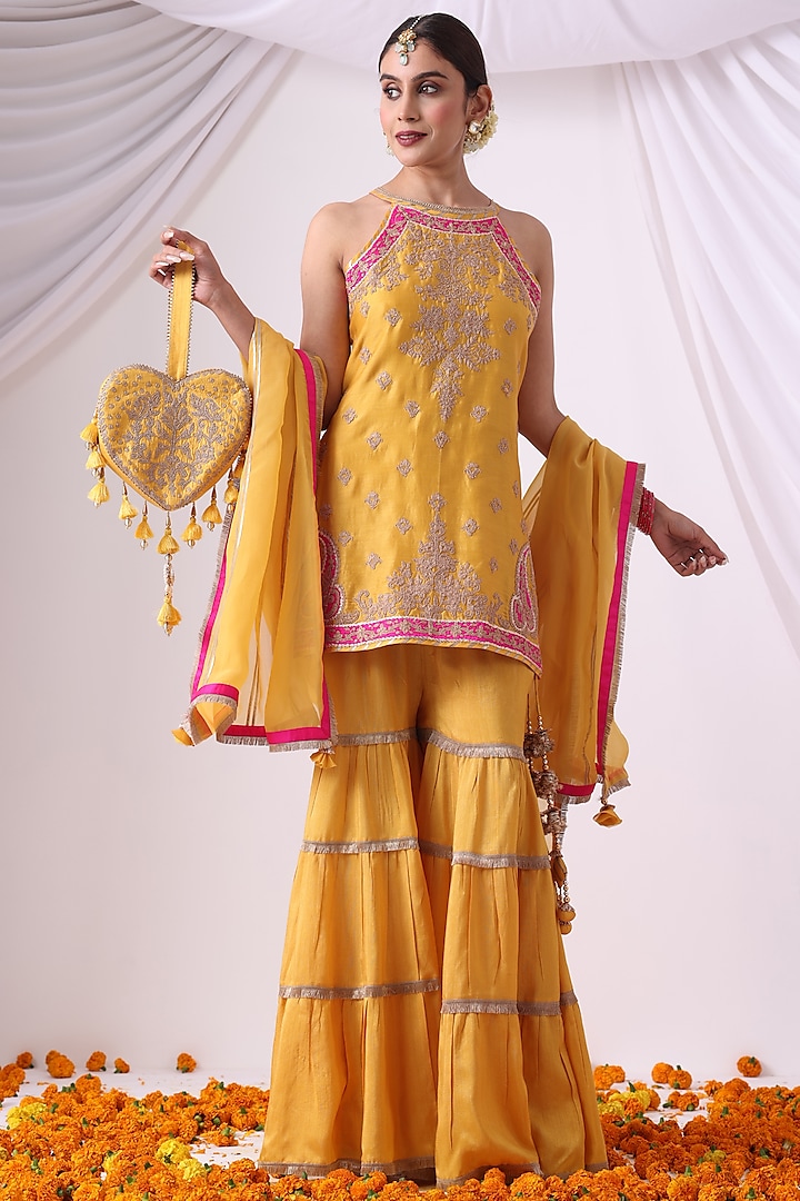 Mustard Dola Silk Gharara Set by Nia By Sonia Ahuja at Pernia's Pop Up Shop