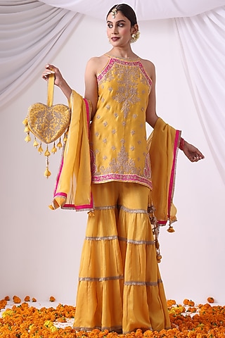 Mustard Dola Silk Gharara Set by Nia By Sonia Ahuja