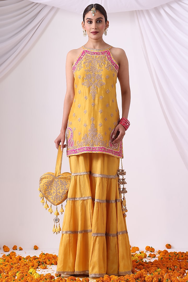 Mustard Dola Silk Gharara Set by Nia By Sonia Ahuja at Pernia's Pop Up Shop