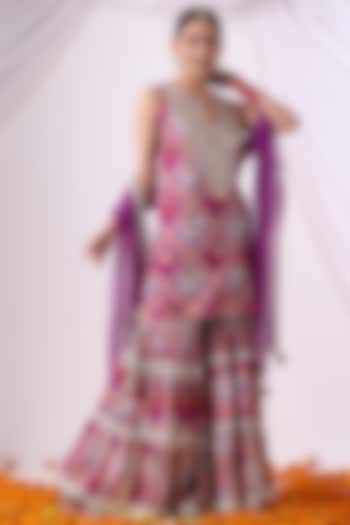 Purple Dola Silk Digital Printed Gharara Set by Nia By Sonia Ahuja at Pernia's Pop Up Shop