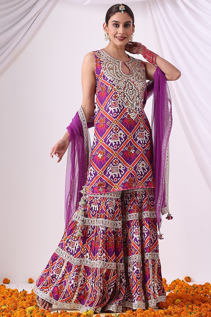Purple Dola Silk Digital Printed Gharara Set by Nia By Sonia Ahuja at Pernia's Pop Up Shop