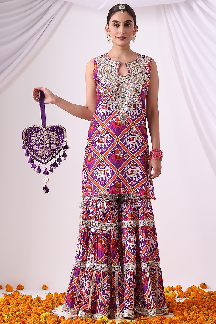 Purple Dola Silk Digital Printed Gharara Set by Nia By Sonia Ahuja at Pernia's Pop Up Shop