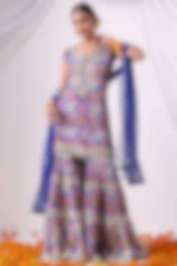 Blue Dola Silk Digital Printed Gharara Set by Nia By Sonia Ahuja at Pernia's Pop Up Shop