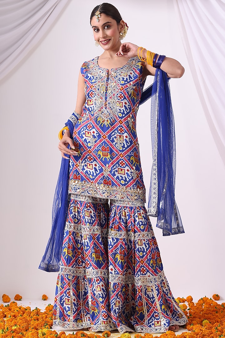 Blue Dola Silk Digital Printed Gharara Set by Nia By Sonia Ahuja at Pernia's Pop Up Shop