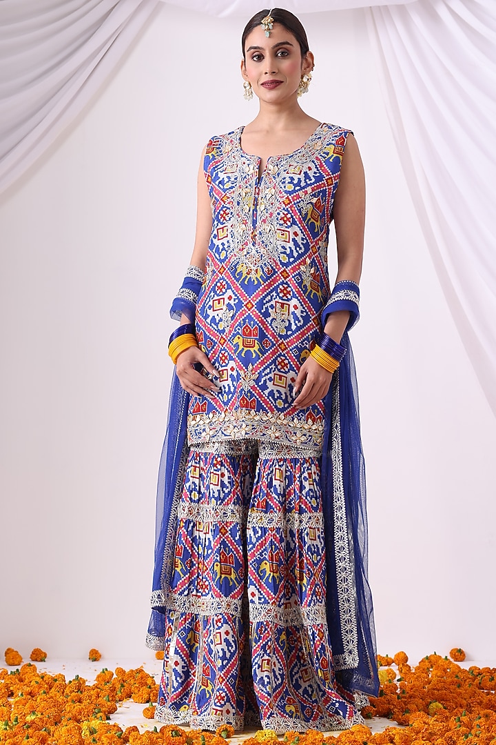 Blue Dola Silk Digital Printed Gharara Set by Nia By Sonia Ahuja at Pernia's Pop Up Shop