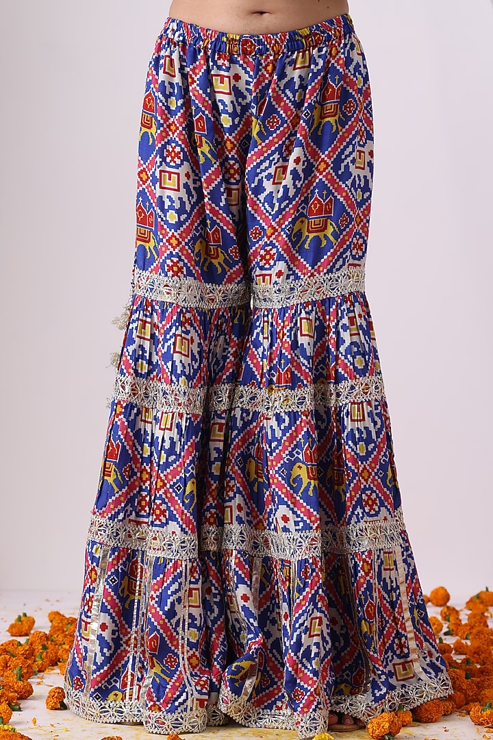 Blue Dola Silk Digital Printed Gharara Set by Nia By Sonia Ahuja at Pernia's Pop Up Shop