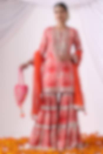 Orange & Pink Dola Silk Digital Printed Gharara Set by Nia By Sonia Ahuja at Pernia's Pop Up Shop