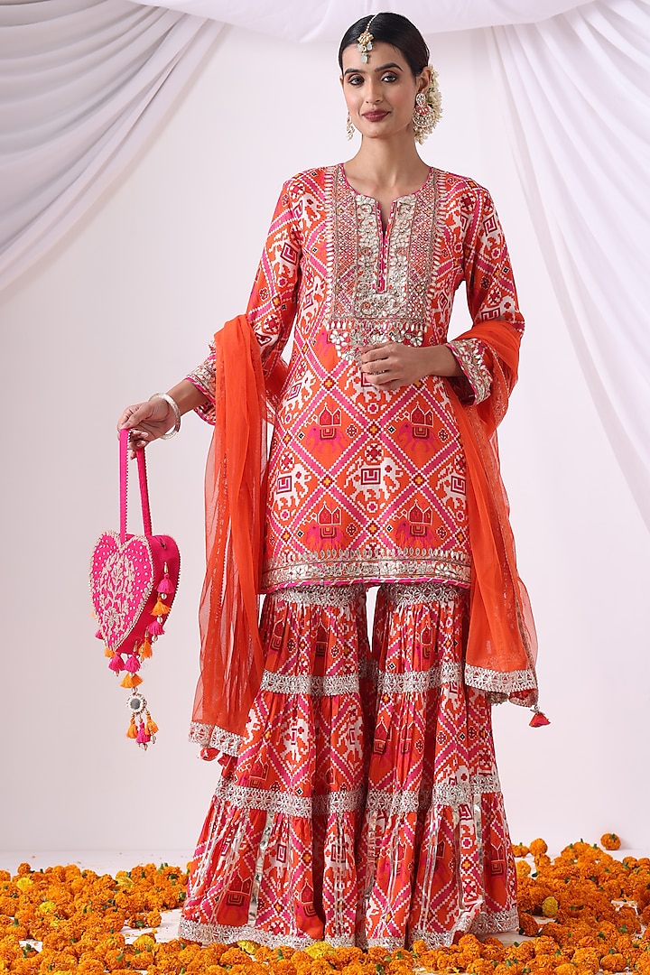 Orange & Pink Dola Silk Digital Printed Gharara Set by Nia By Sonia Ahuja at Pernia's Pop Up Shop