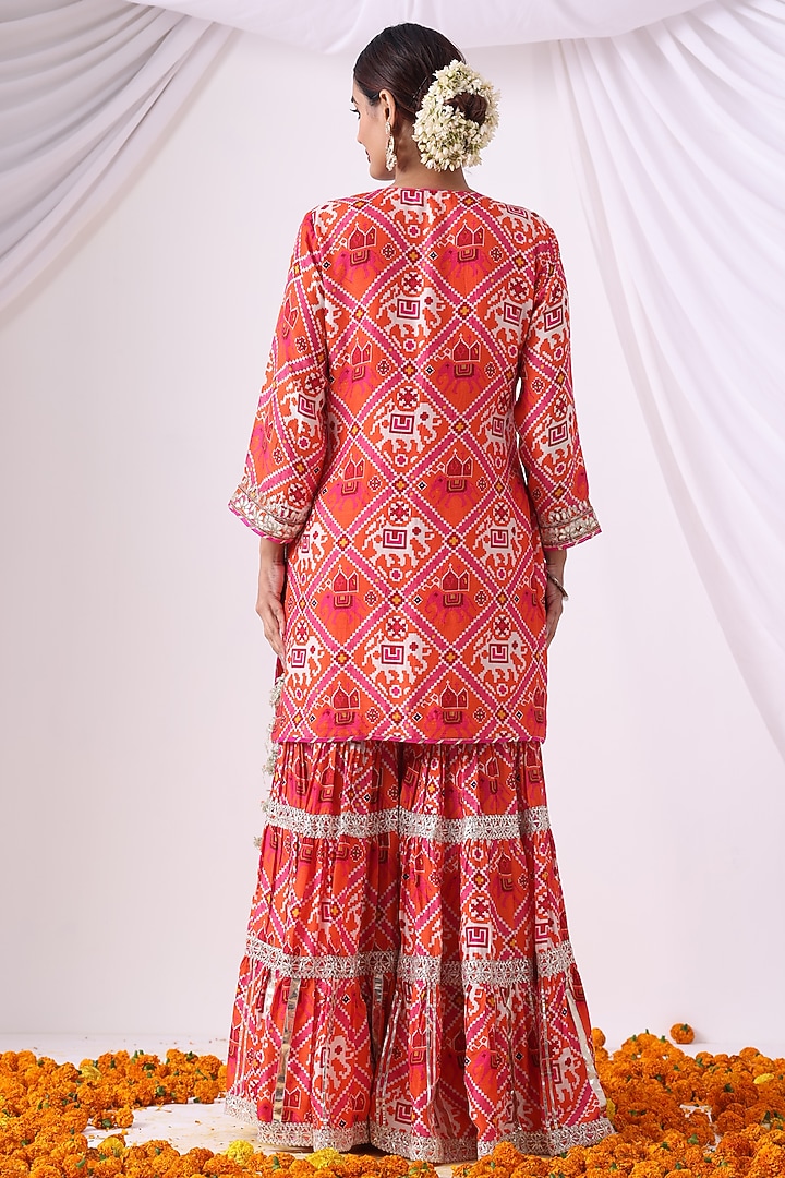 Orange & Pink Dola Silk Digital Printed Gharara Set by Nia By Sonia Ahuja at Pernia's Pop Up Shop