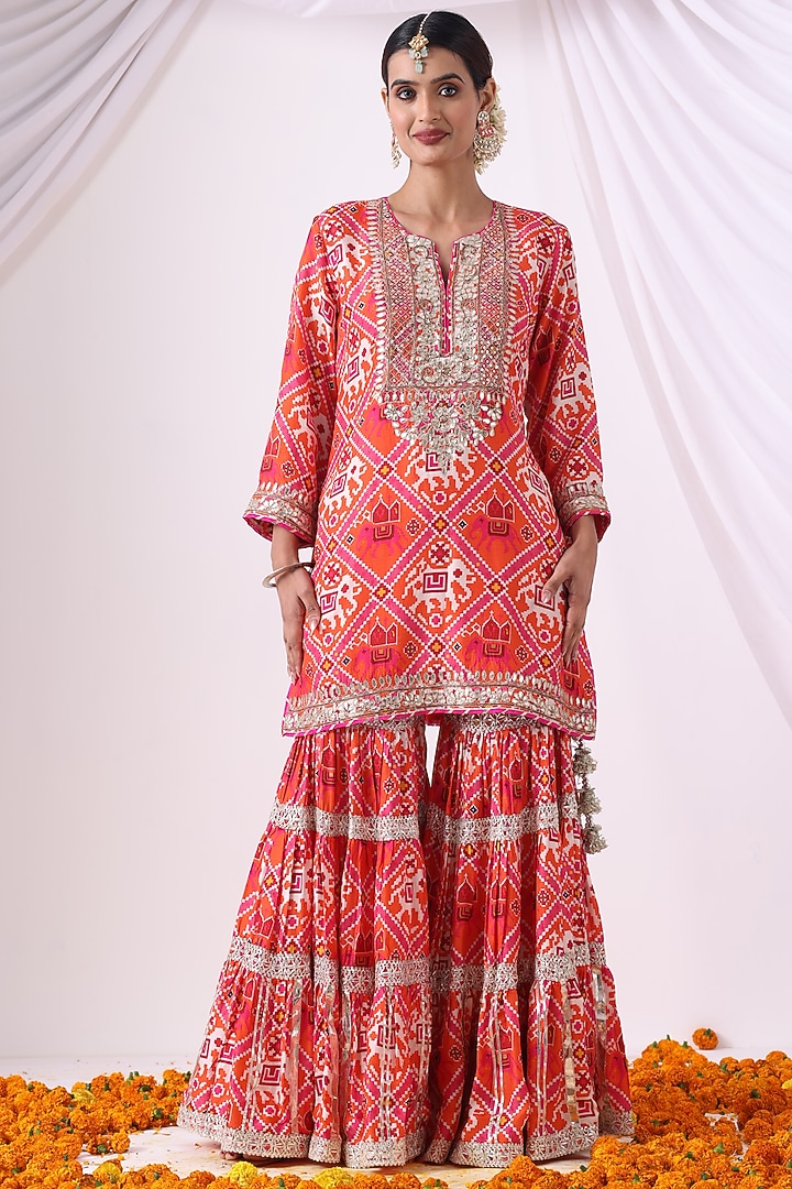 Orange & Pink Dola Silk Digital Printed Gharara Set by Nia By Sonia Ahuja at Pernia's Pop Up Shop