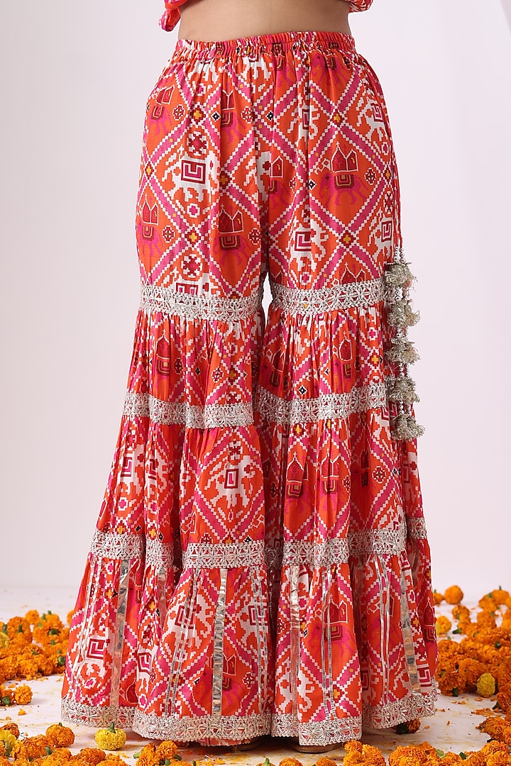 Orange & Pink Dola Silk Digital Printed Gharara Set by Nia By Sonia Ahuja at Pernia's Pop Up Shop