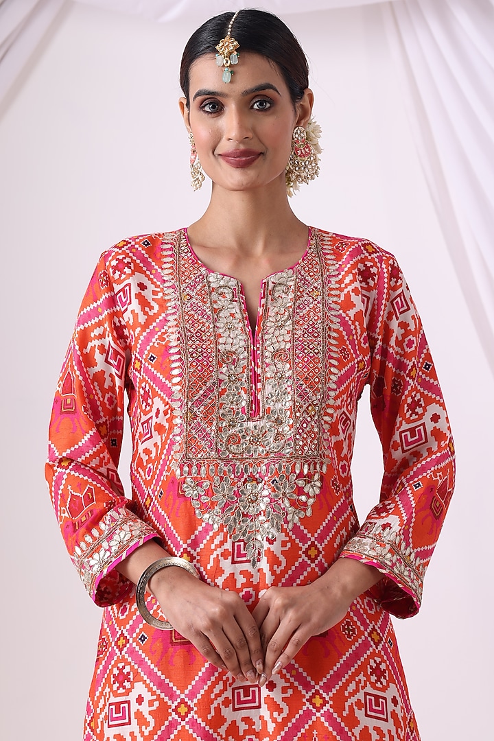 Orange & Pink Dola Silk Digital Printed Gharara Set by Nia By Sonia Ahuja at Pernia's Pop Up Shop