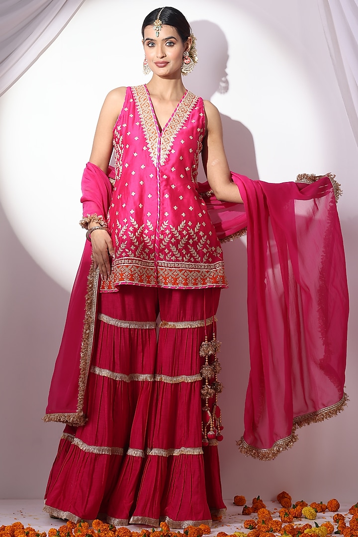 Magenta Dola Silk Party Wear Sharara Set by Nia By Sonia Ahuja at Pernia's Pop Up Shop