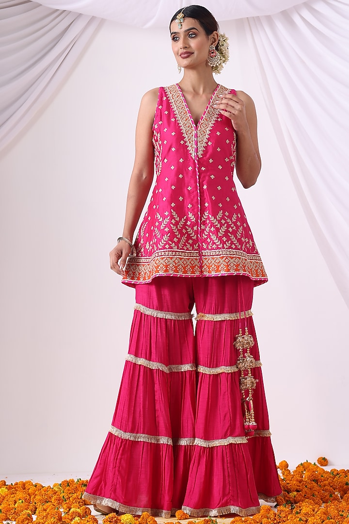 Magenta Dola Silk Party Wear Sharara Set by Nia By Sonia Ahuja at Pernia's Pop Up Shop
