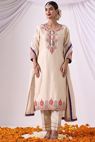 Ivory Chanderi Zari Embroidered Kurta Set by Nia By Sonia Ahuja