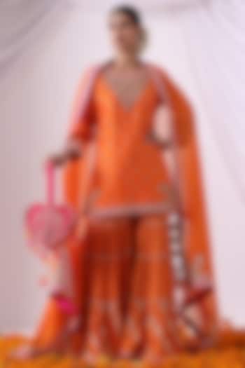 Orange Dola Silk Gharara Set by Nia By Sonia Ahuja at Pernia's Pop Up Shop