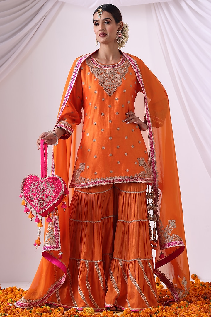 Orange Dola Silk Gharara Set by Nia By Sonia Ahuja at Pernia's Pop Up Shop