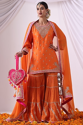 Orange Dola Silk Gharara Set by Nia By Sonia Ahuja