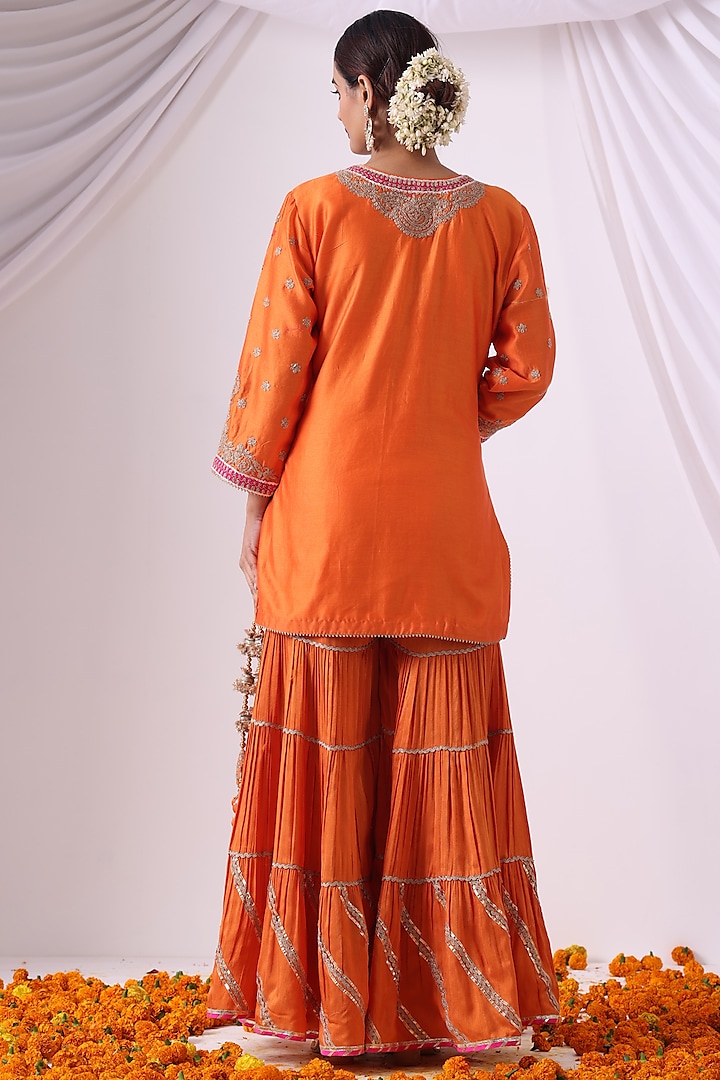 Orange Dola Silk Gharara Set by Nia By Sonia Ahuja at Pernia's Pop Up Shop