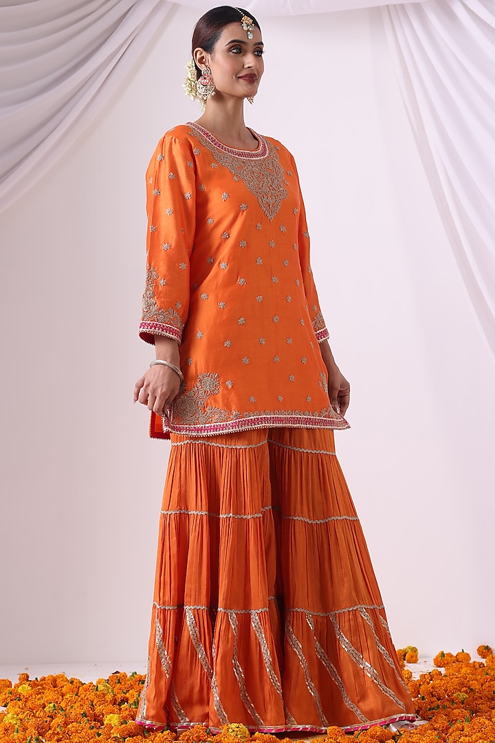 Orange Dola Silk Gharara Set by Nia By Sonia Ahuja at Pernia's Pop Up Shop