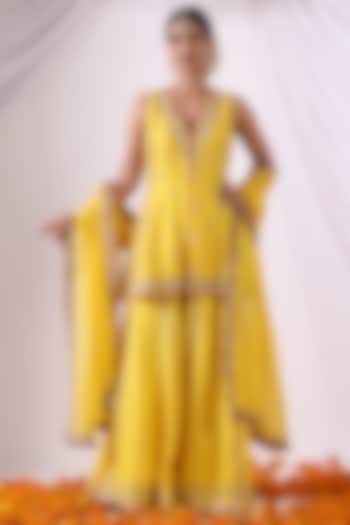 Yellow Dola Silk Party Wear Sharara Set by Nia By Sonia Ahuja at Pernia's Pop Up Shop