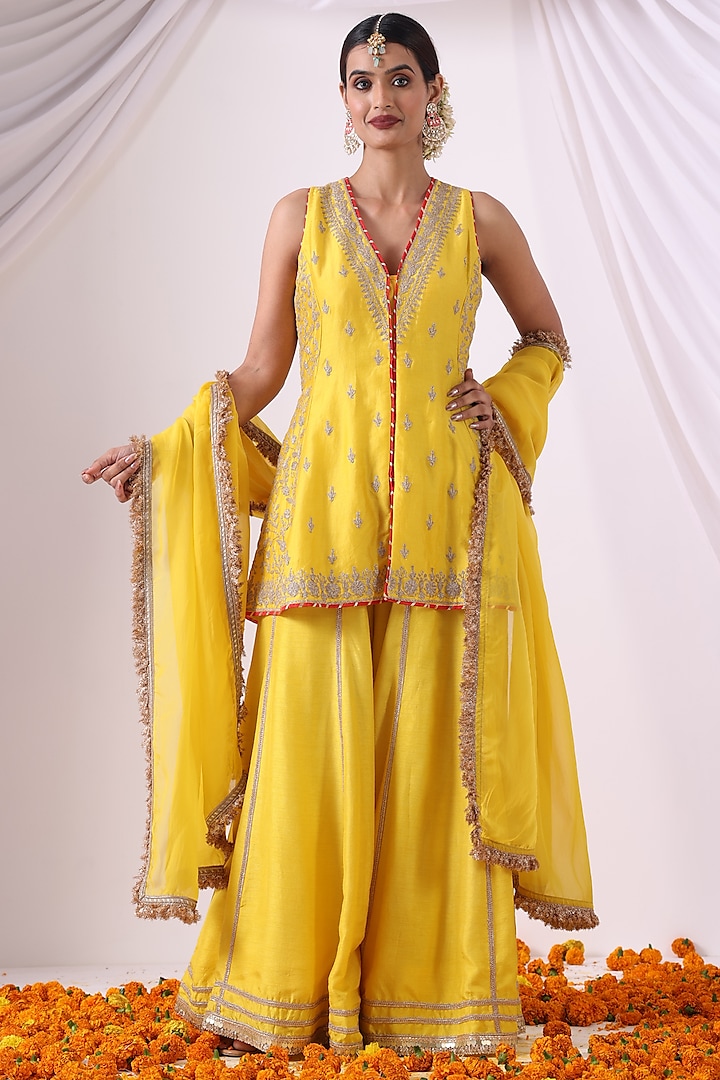 Yellow Dola Silk Party Wear Sharara Set by Nia By Sonia Ahuja at Pernia's Pop Up Shop