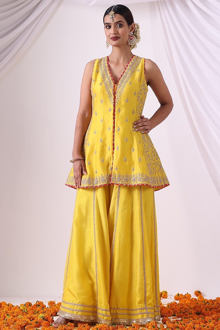 Yellow Dola Silk Party Wear Sharara Set by Nia By Sonia Ahuja at Pernia's Pop Up Shop