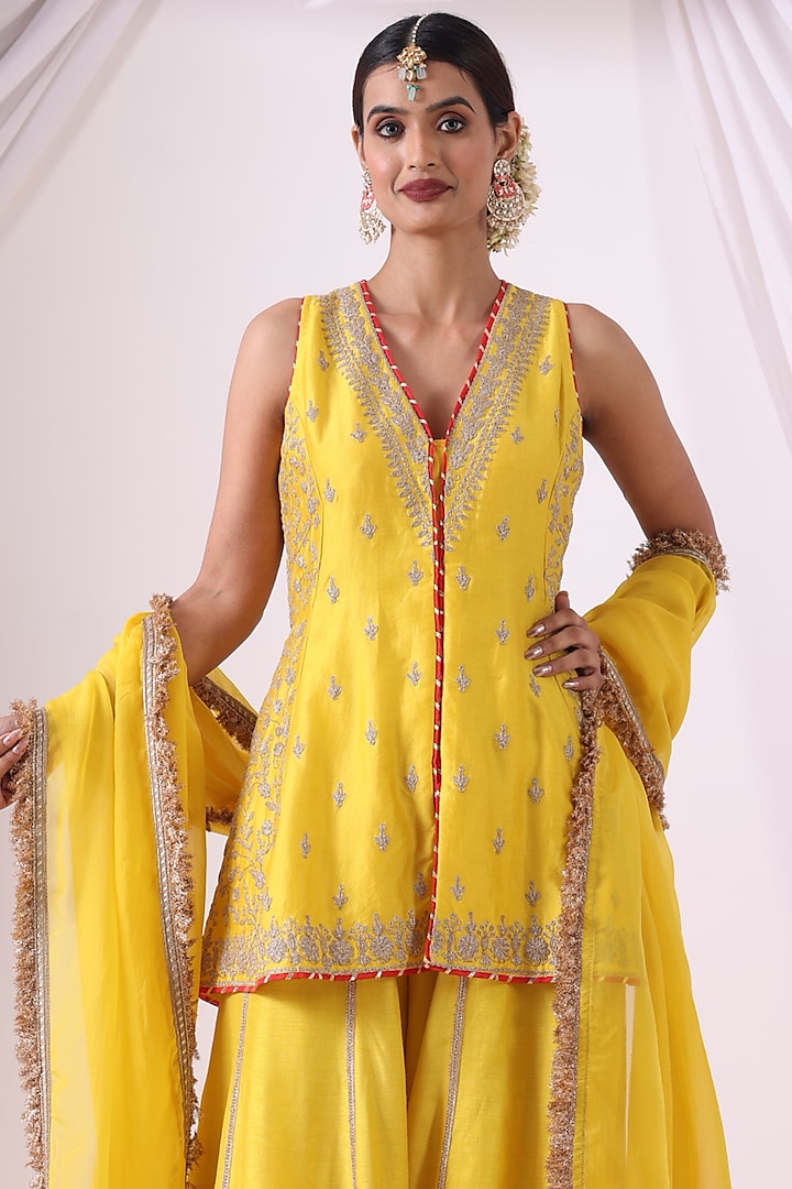Yellow Dola Silk Party Wear Sharara Set by Nia By Sonia Ahuja at Pernia's Pop Up Shop