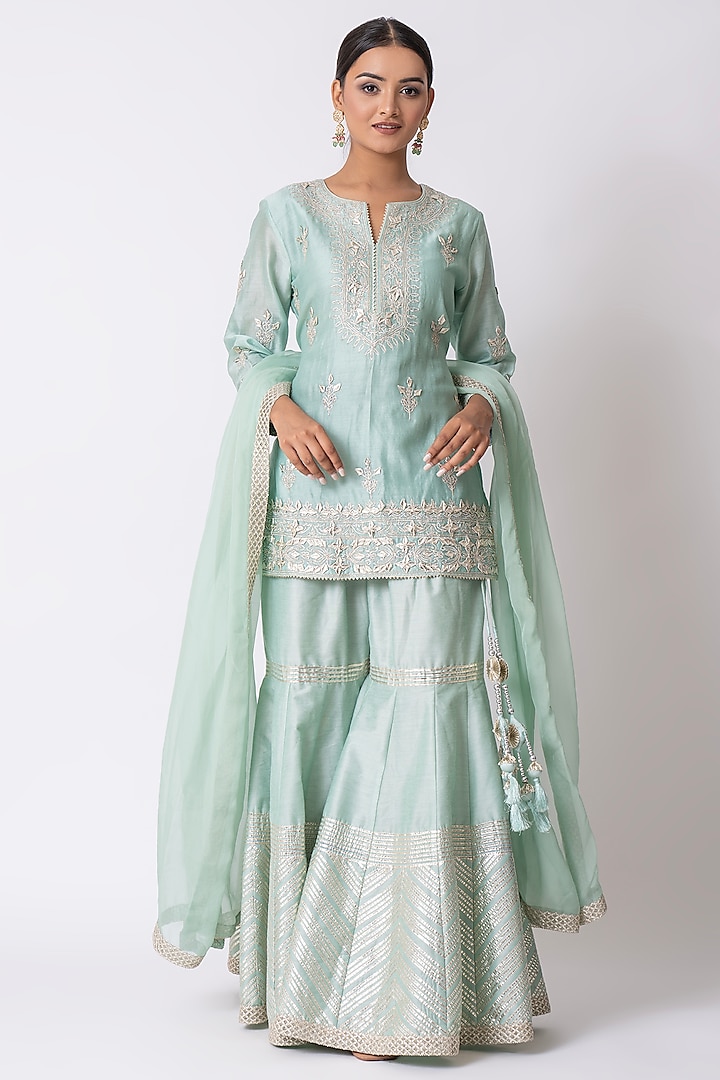 Sea Green Banarasi Katan Silk Gota Work Gharara Set by Nia By Sonia Ahuja at Pernia's Pop Up Shop