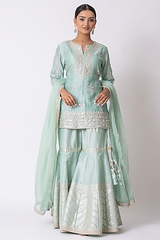 Sea Green Banarasi Katan Silk Gota Work Gharara Set by Nia By Sonia Ahuja