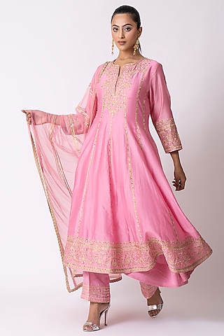 Rose Pink Chanderi Sequins Embroidered Anarkali Set by Nia By Sonia Ahuja