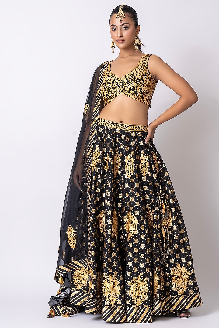 Black Pure Banarasi Khadi Gota Embroidered Wedding Lehenga Set by Nia By Sonia Ahuja at Pernia's Pop Up Shop