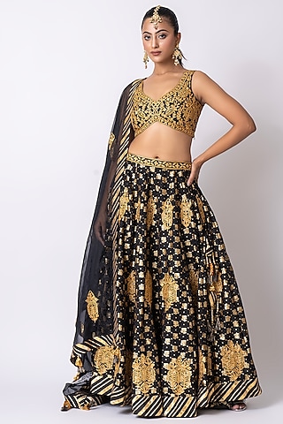 Black Pure Banarasi Khadi Gota Embroidered Lehenga Set by Nia By Sonia Ahuja