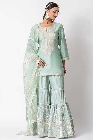 Sea Green Banarasi Katan Silk Gota Embroidered Gharara Set by Nia By Sonia Ahuja