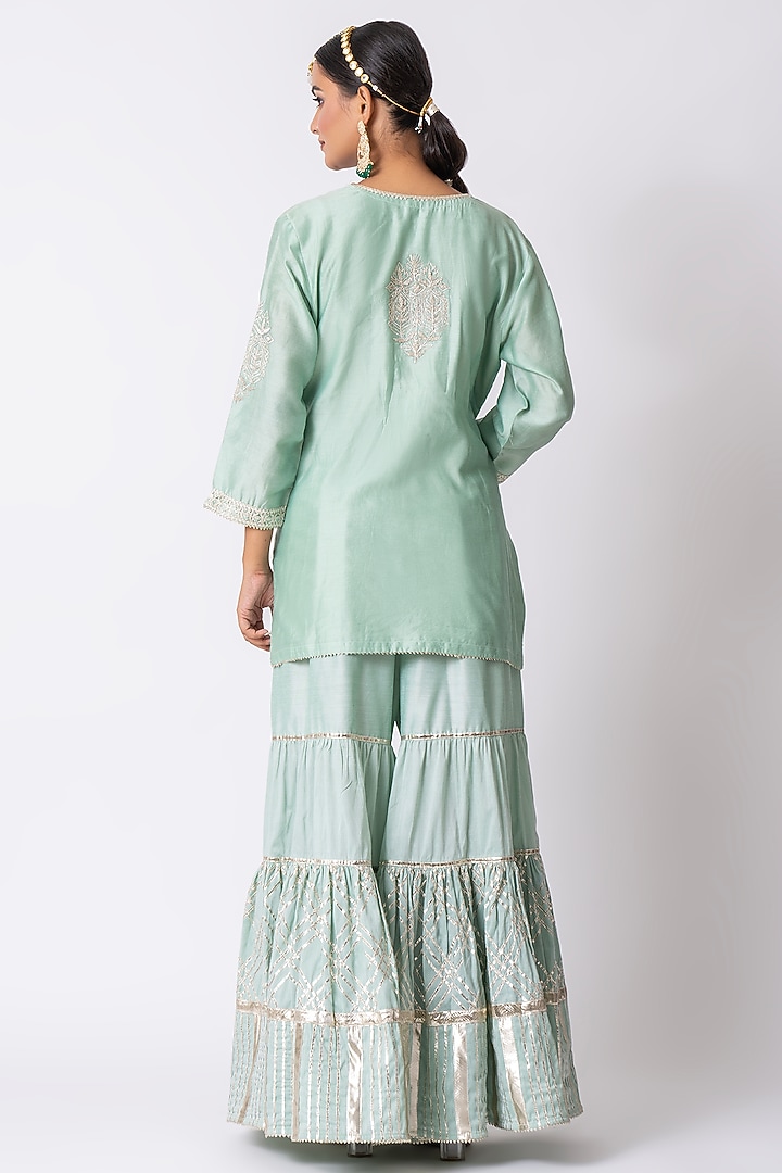 Sea Green Banarasi Katan Silk Gota Embroidered Gharara Set by Nia By Sonia Ahuja at Pernia's Pop Up Shop