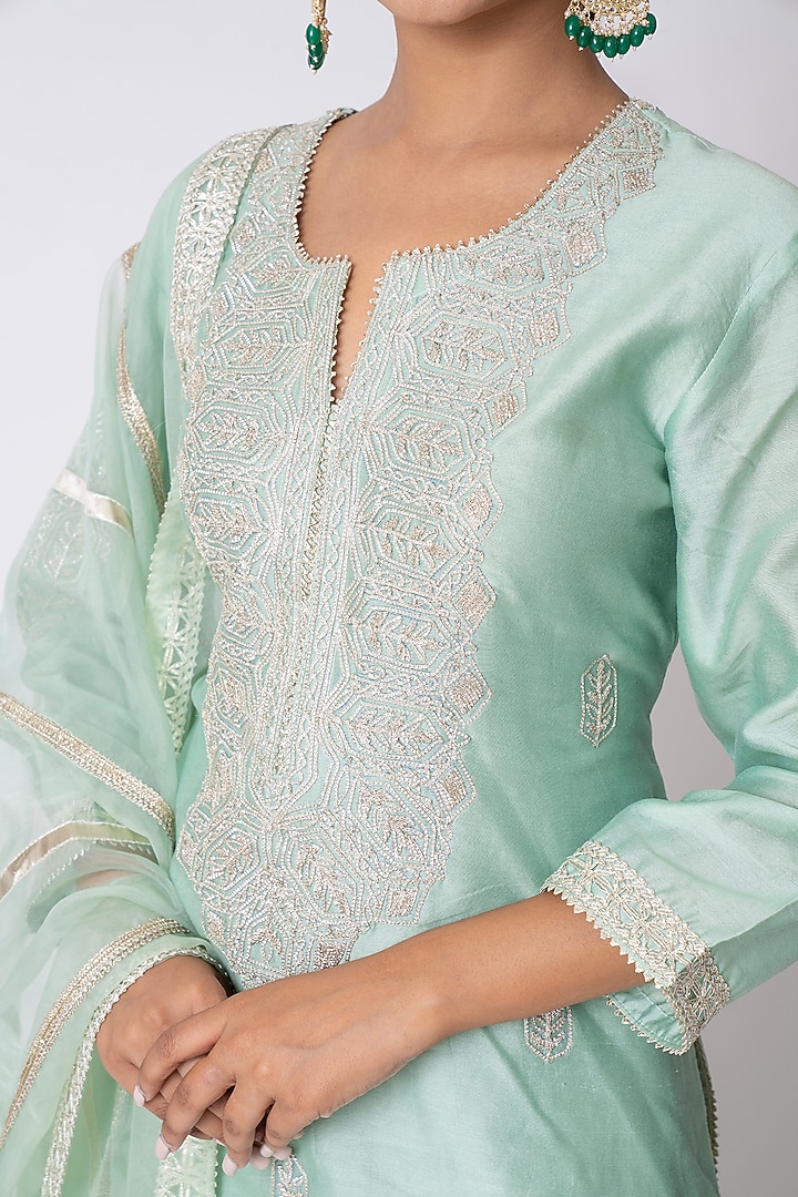 Sea Green Banarasi Katan Silk Gota Embroidered Gharara Set by Nia By Sonia Ahuja at Pernia's Pop Up Shop