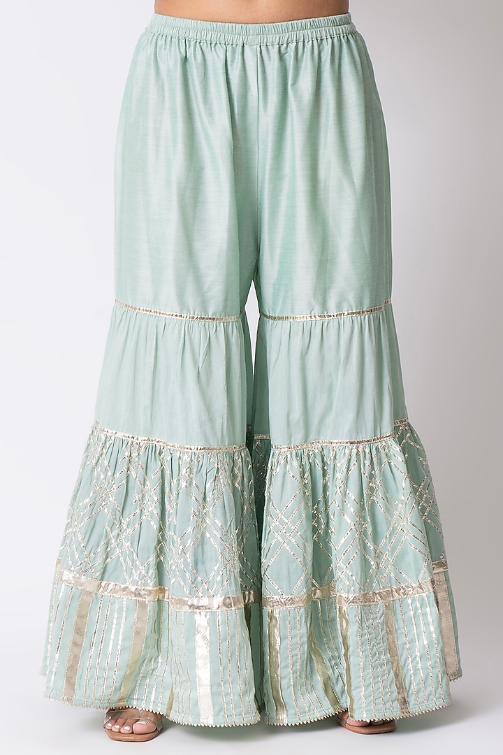 Sea Green Banarasi Katan Silk Gota Embroidered Gharara Set by Nia By Sonia Ahuja at Pernia's Pop Up Shop