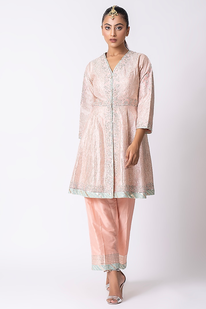 Peach Chanderi Gota & Sequins Embroidered Jacket Set by Nia By Sonia Ahuja