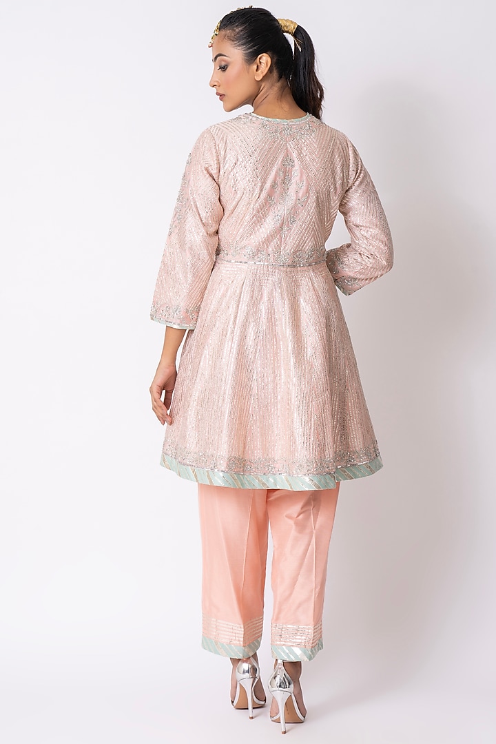 Peach Chanderi Gota & Sequins Embroidered Jacket Set by Nia By Sonia Ahuja at Pernia's Pop Up Shop