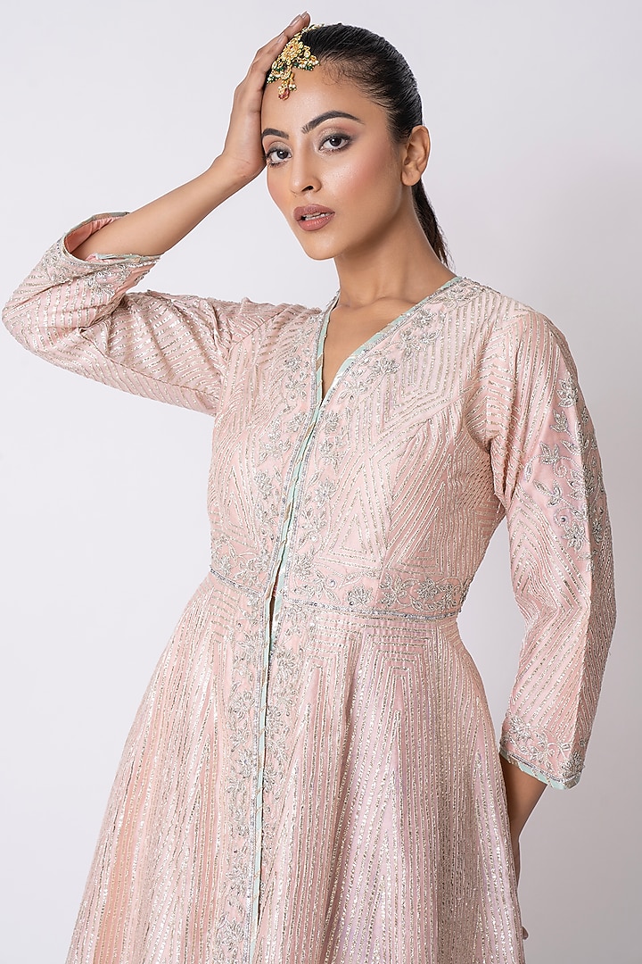 Peach Chanderi Gota & Sequins Embroidered Jacket Set by Nia By Sonia Ahuja at Pernia's Pop Up Shop