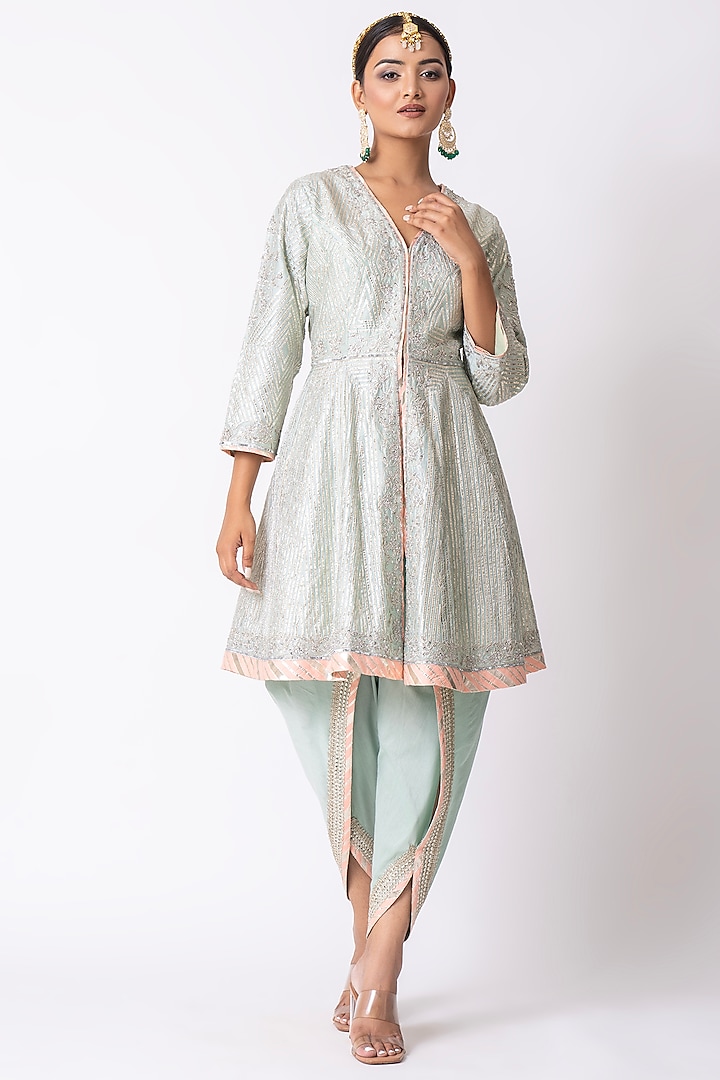 Mint Green Chanderi Gota & Sequins Embroidered Jacket Set by Nia By Sonia Ahuja at Pernia's Pop Up Shop