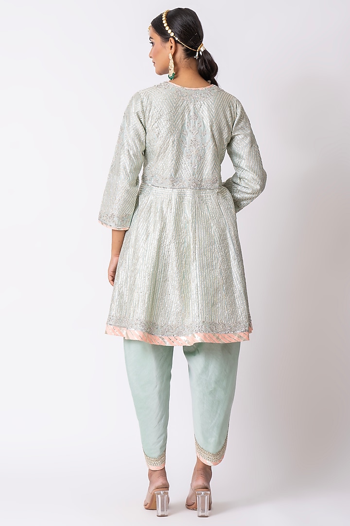 Mint Green Chanderi Gota & Sequins Embroidered Jacket Set by Nia By Sonia Ahuja at Pernia's Pop Up Shop